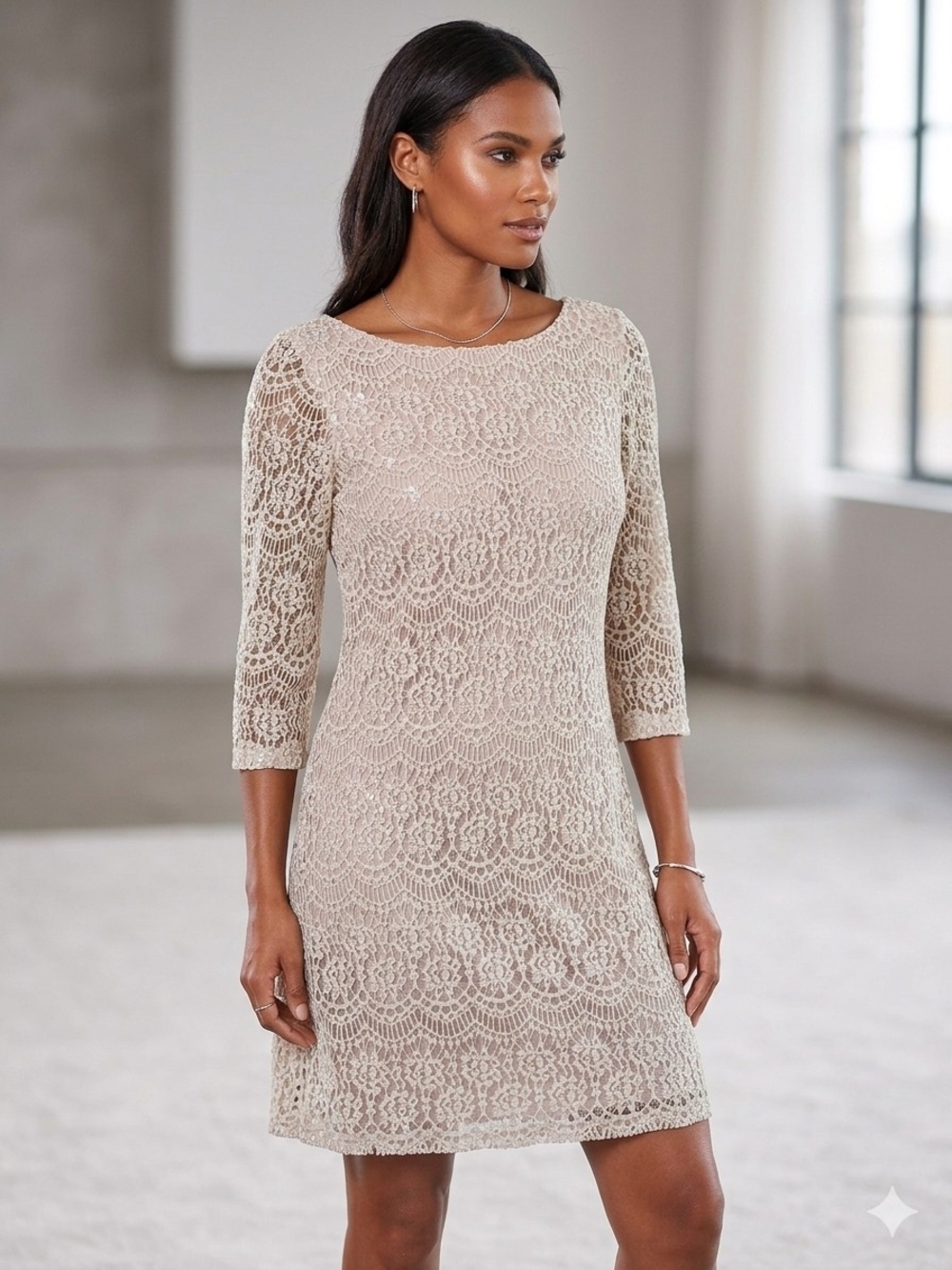Jessica Beige Lace Midi Dress with Three-Quarter Sleeves